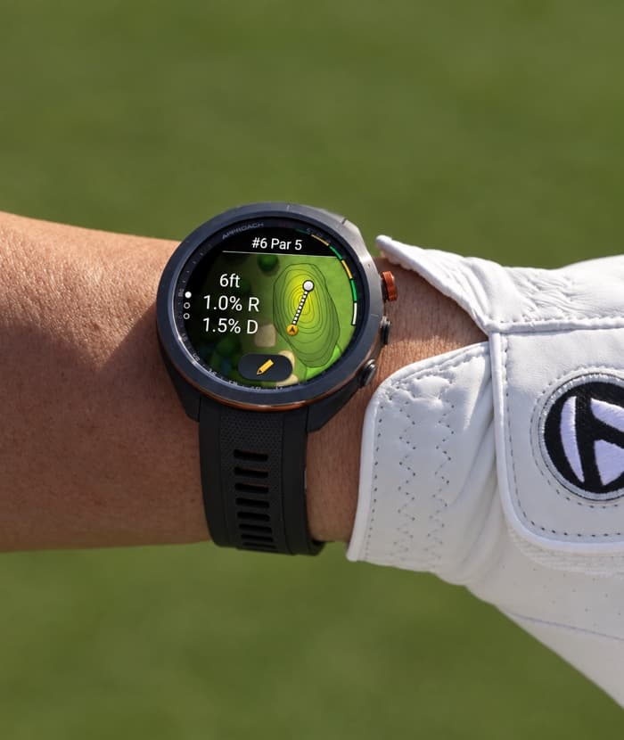 The watch on a golfer's wrist on the green, reading 6ft, 1.0% R and 1.5% D over a contour map of the green.