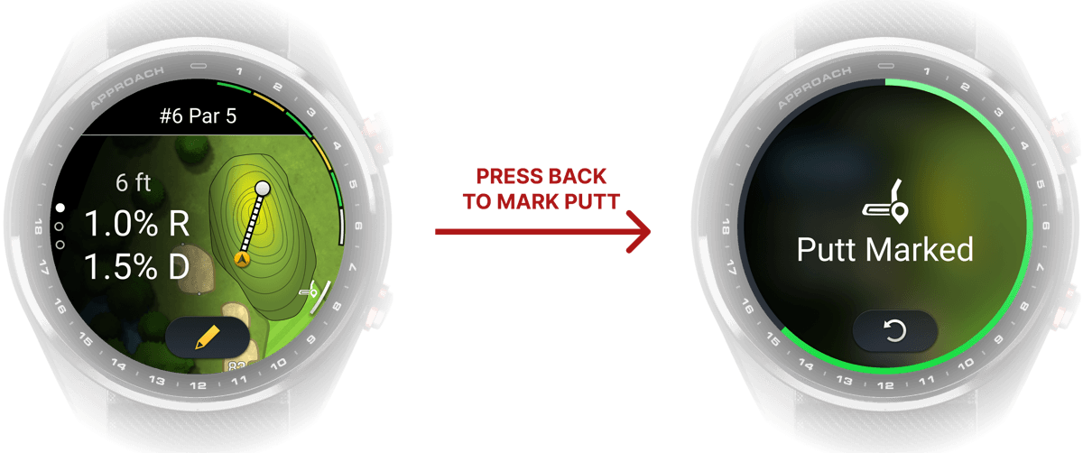 Two watch screens: the slope reading, then a Putt Marked confirmation after pressing Back again.