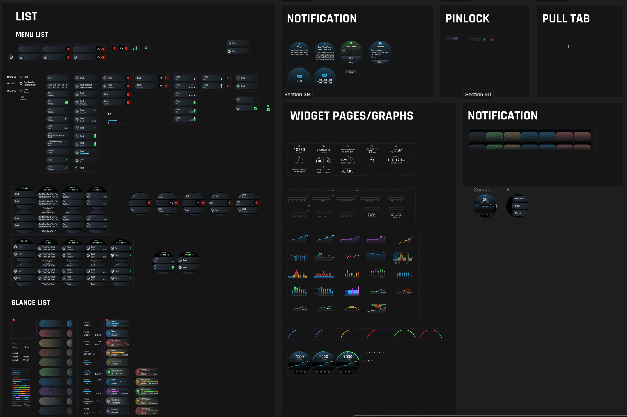 A second board of the design system: menu and glance lists, notifications, pin lock, pull tab, and the widget pages and graphs.
